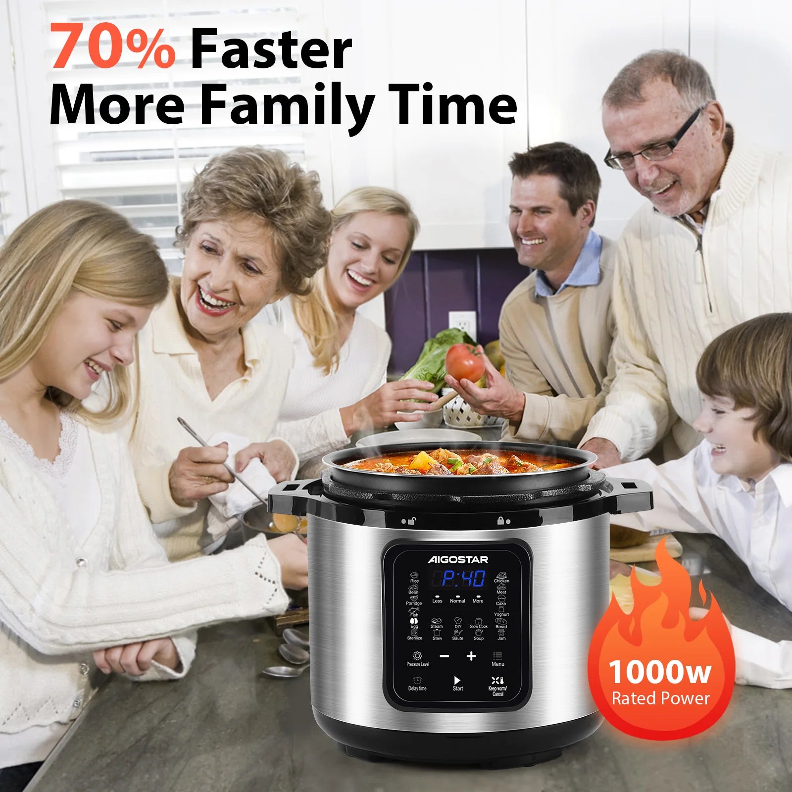 Aigostar Pentola a Pressione Elettrica 18 in 1, Pentola Programmabile da 6 Litri 24 Ore, 3 Pressure, Pannello LED Multicooker da 1000 W per Yogh