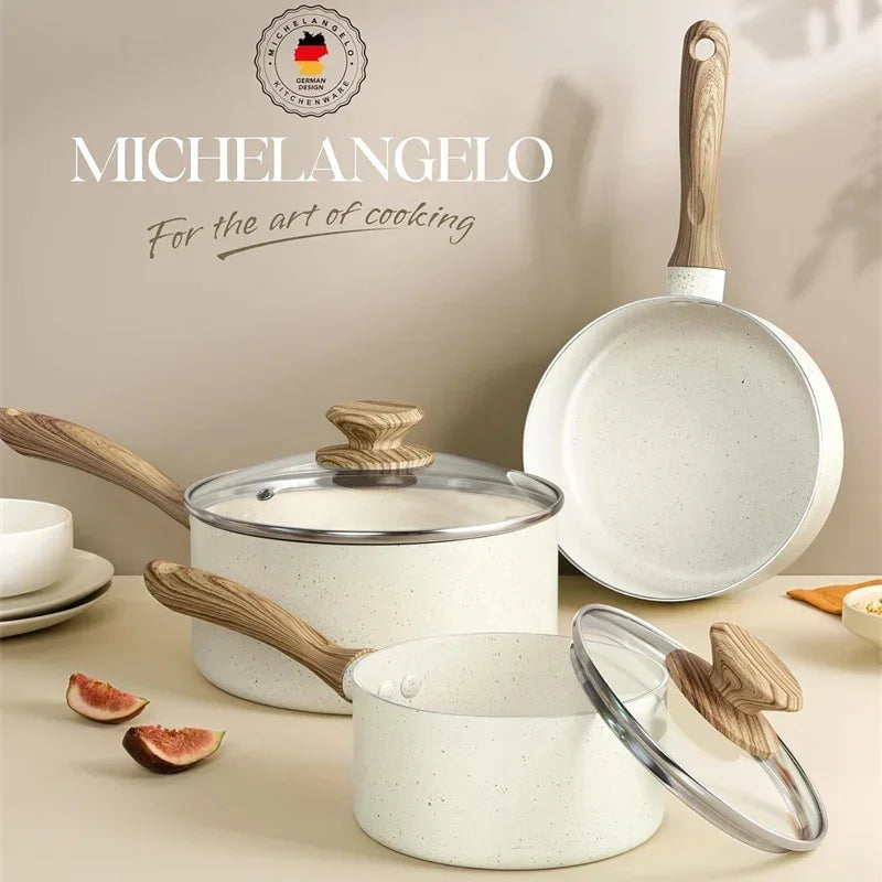 MICHELANGELO Pentola per stufato antiaderente con coperchio Pentola per salsa Manico da forno rivestito in granito Pentola da cucina multifunzionale Compatibile con tutte le fornelli