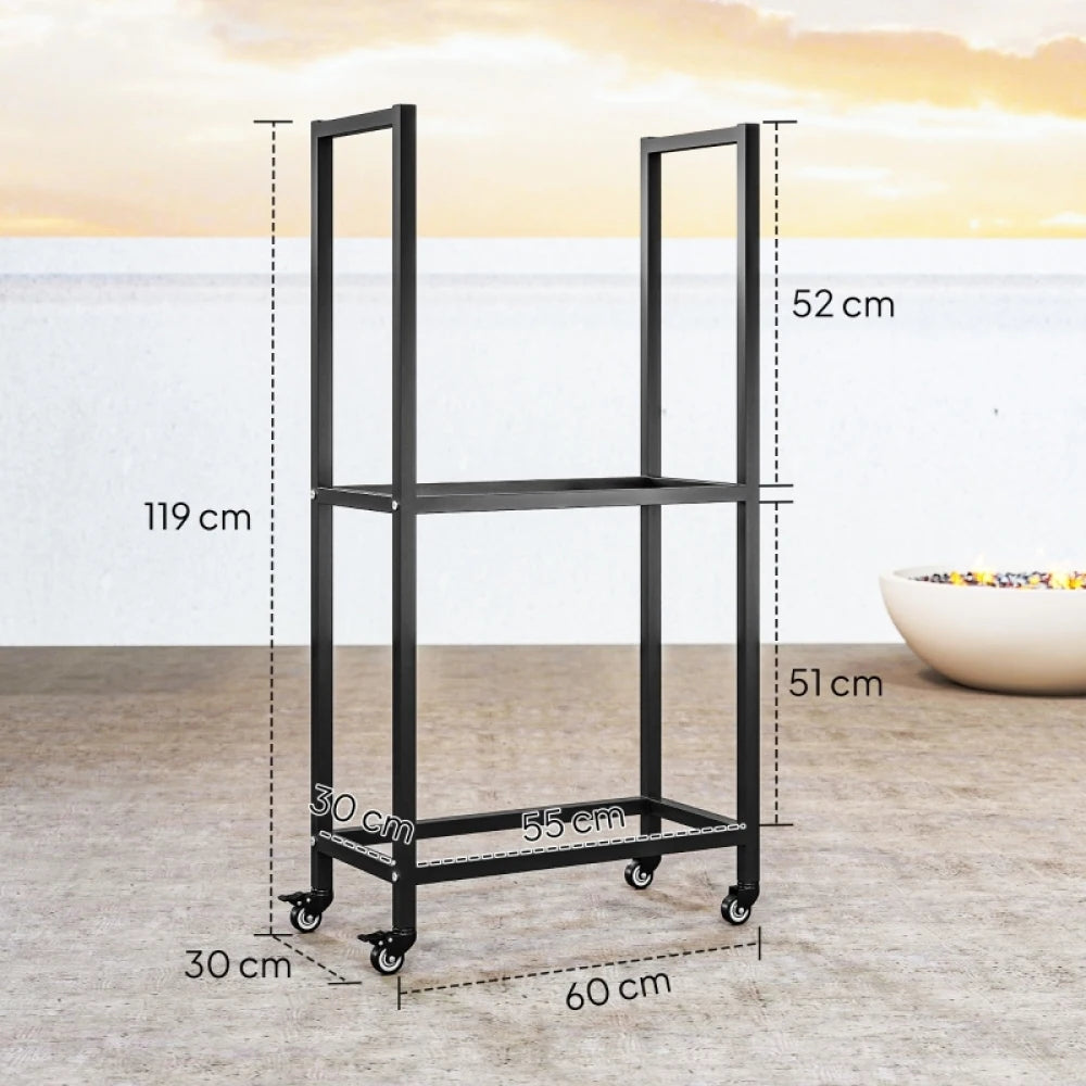 Porta legna per interni, in acciaio, 60 x 30 x 119 cm, scaffale a 2 livelli con ruote, nero