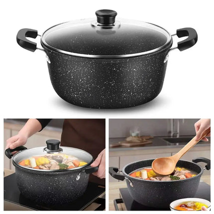 Pentola universale per zuppa a due manici in pietra Maifan con coperchio, adatta per cucinare in cucina, pentola antiaderente per uso domestico, compatibile con fornelli a gas e a induzione