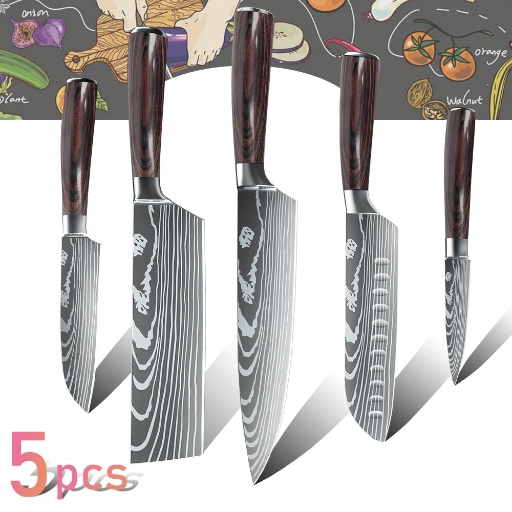 5-teiliges Küchenmesserset mit lasergeätztem Damastmuster, 7Cr17-Stahl, scharf, rostbeständig, Holzgriff, Geschenkbox mit Befestigungsgurt