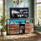 Mobiler TV-Ständer, TV-Tisch, TV-Möbel, mit LED-Beleuchtung und Stoffschubladen, Platte mit Tigerfellmuster, doppelter offener Stauraum und 4 Schubladen, zur Aufbewahrung von Elektrogeräten, DVDs, Büchern, für Wohnzimmer, Schlafzimmer