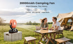 Ventilatore da Campeggio 20000mAh con Lanterna LED, Ventilatore da Tavolo a 8 Velocità con Telecomando, Ventilatore Portatile da Esterno con Gancio per Tenda, Interruzioni di Corrente, Cantiere