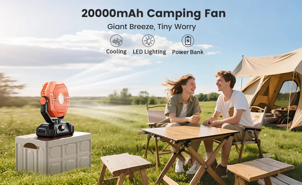 Ventilatore da Campeggio 20000mAh con Lanterna LED, Ventilatore da Tavolo a 8 Velocità con Telecomando, Ventilatore Portatile da Esterno con Gancio per Tenda, Interruzioni di Corrente, Cantiere