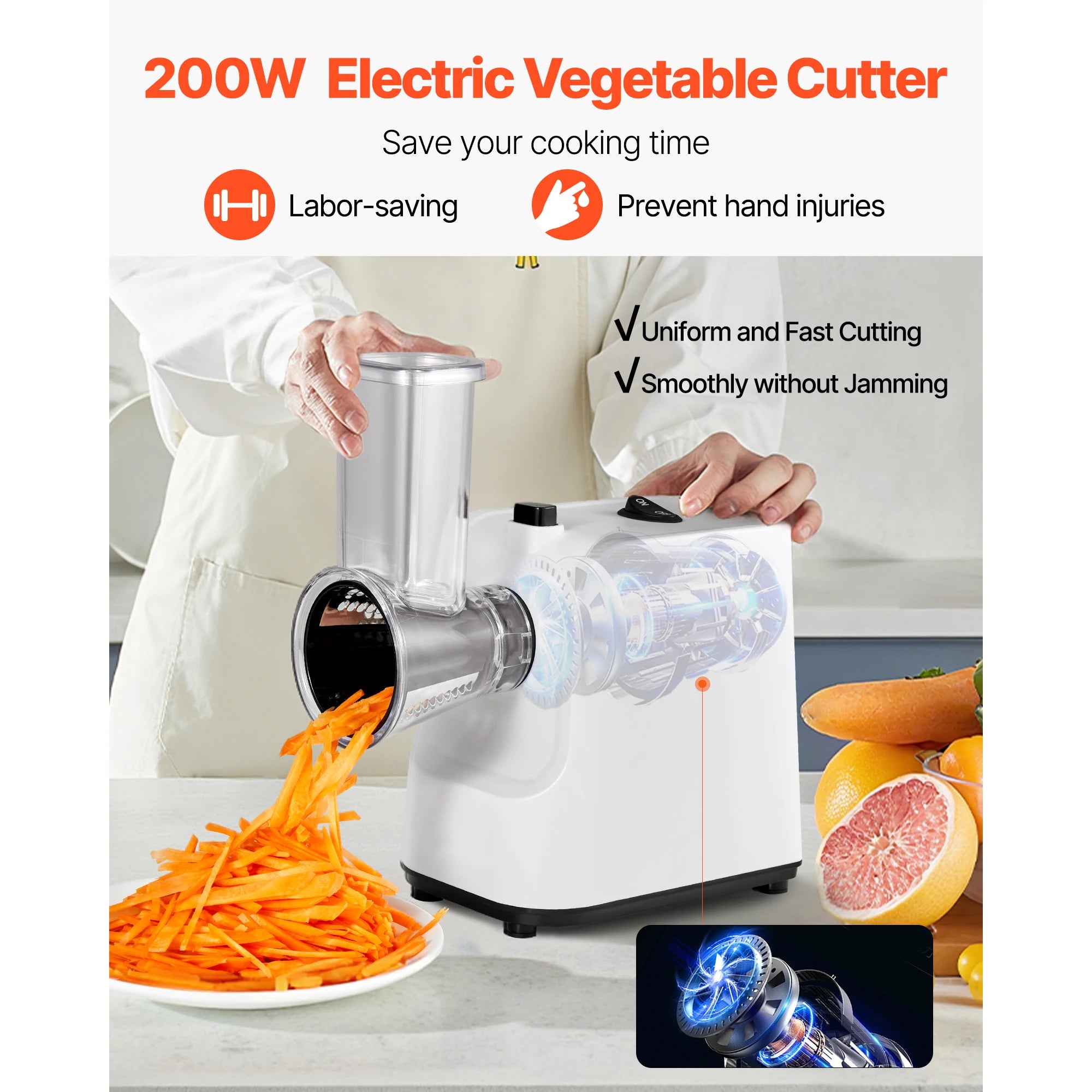 SucceBuy Elektrische Reibe für Käse und Salat 200W, Elektrischer Zerkleinerer für Gemüse und Obst mit 5 Aufsätzen