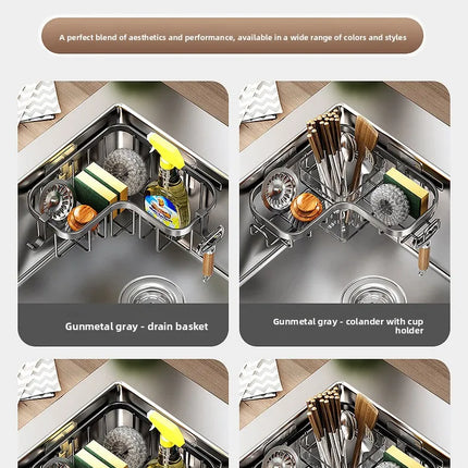 Carbon Steel Kitchen Sink Drain, Wall-Mounted Corner Rag Storage Rack, No Drilling, Waterproof Space Saver