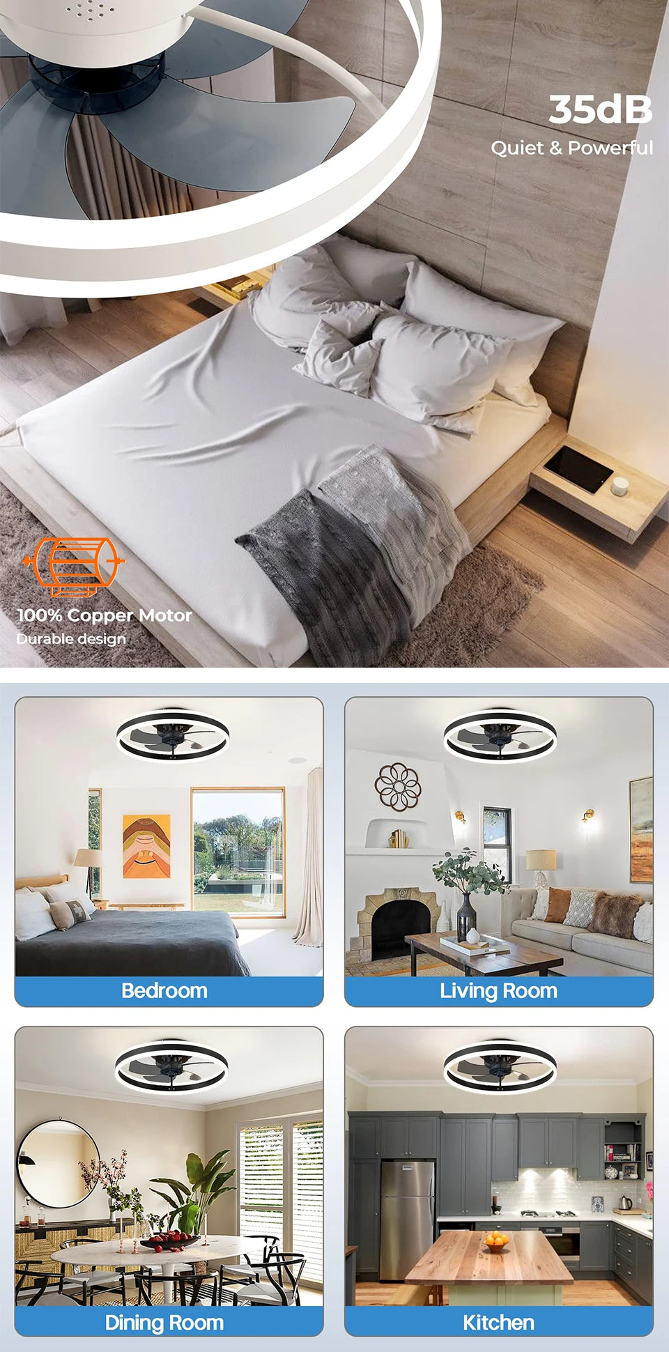 Jelena Ventilatore da soffitto rotondo Lampade con telecomando Camera da letto Soggiorno Sala da pranzo Decorazione domestica Ventilatore moderno con lampada a LED intelligente