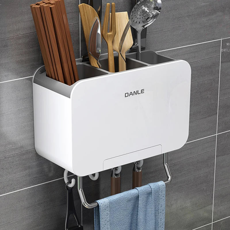 Organizzatore da Parete Multifunzionale per Cucina Senza Foratura, Porta Utensili con Vassoio di Drenaggio Rimovibile e Portasciugamani