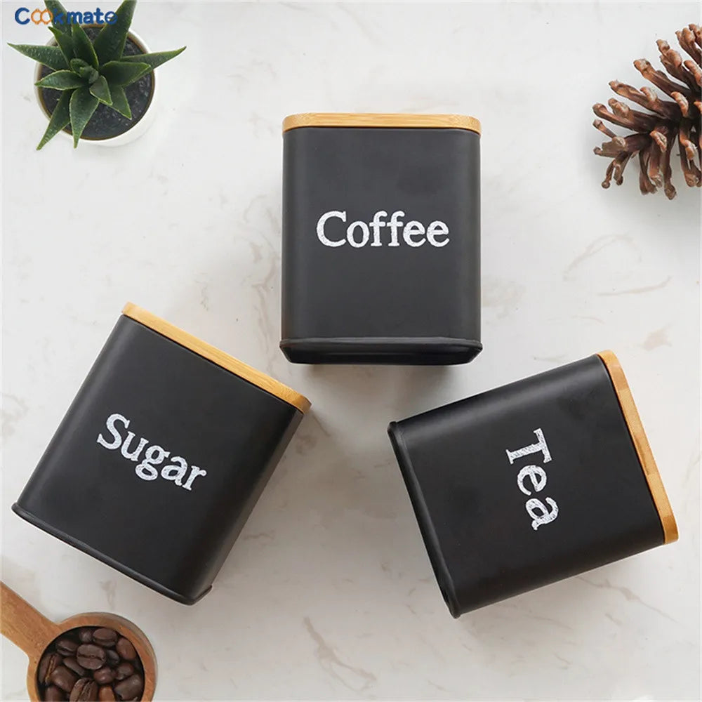 Set di Contenitori Ermetici in Metallo per Caffè, Tè e Zucchero con Coperchi in Bambù, 3 Barattoli per Piano di Lavoro