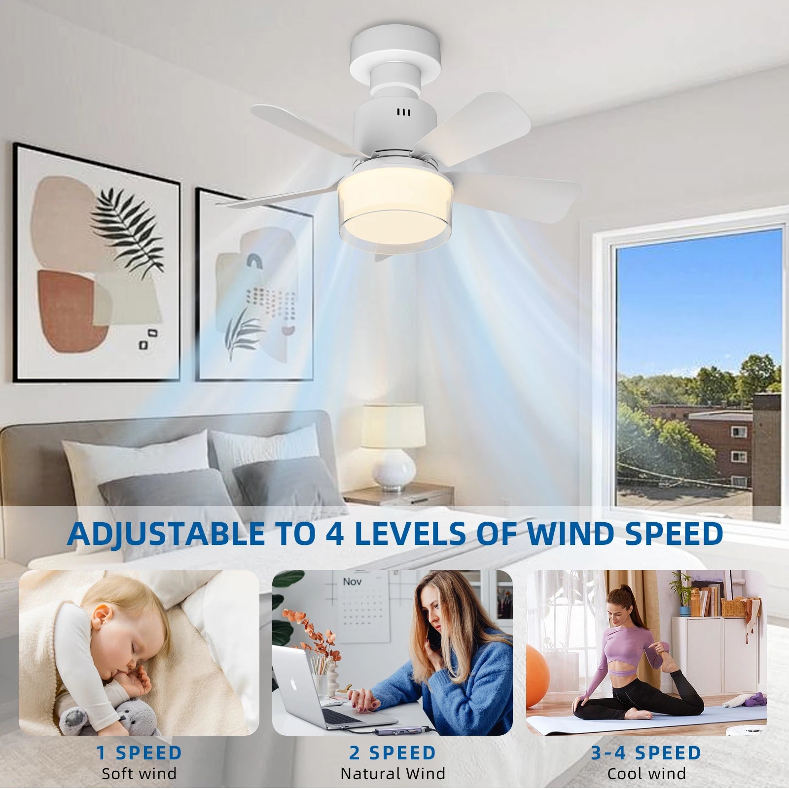 Ventilatore da soffitto E27 con luce, 4 velocita, 3 temperature di colore, telecomando, bianco/legno