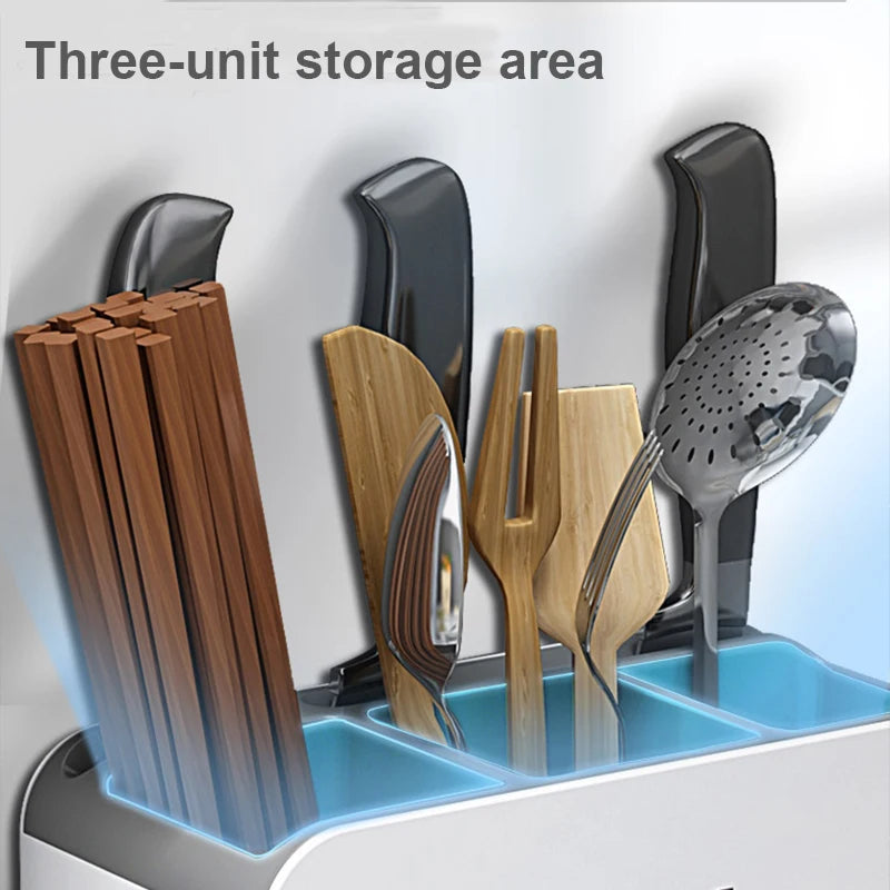 Organizzatore da Parete Multifunzionale per Cucina Senza Foratura, Porta Utensili con Vassoio di Drenaggio Rimovibile e Portasciugamani