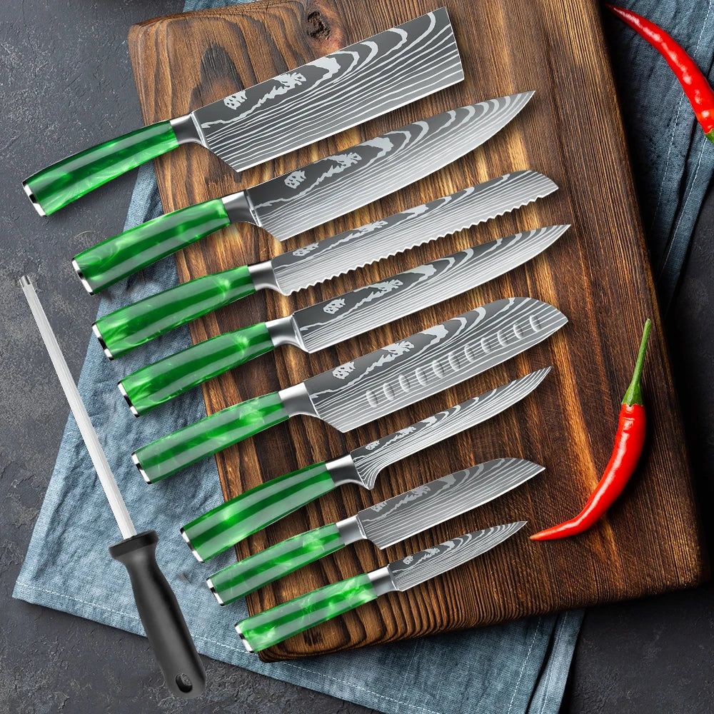 Set mit 8 scharfen und langlebigen ZENG Edelstahlmessern, mit grünem Harzgriff, tragbarer Nylontasche, Küchenutensilien für Zuhause und als Geschenk