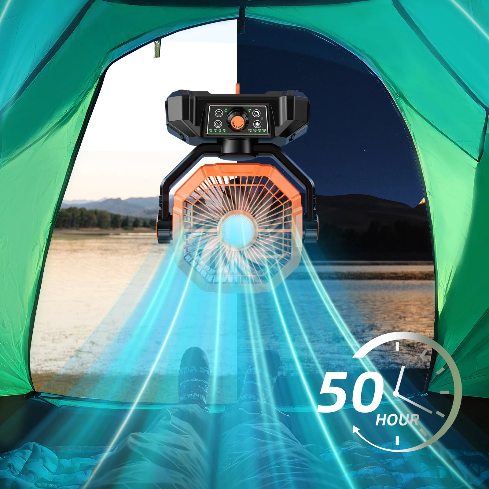 Ventilatore da Campeggio 20000mAh con Lanterna LED, Ventilatore da Tavolo a 8 Velocità con Telecomando, Ventilatore Portatile da Esterno con Gancio per Tenda, Interruzioni di Corrente, Cantiere