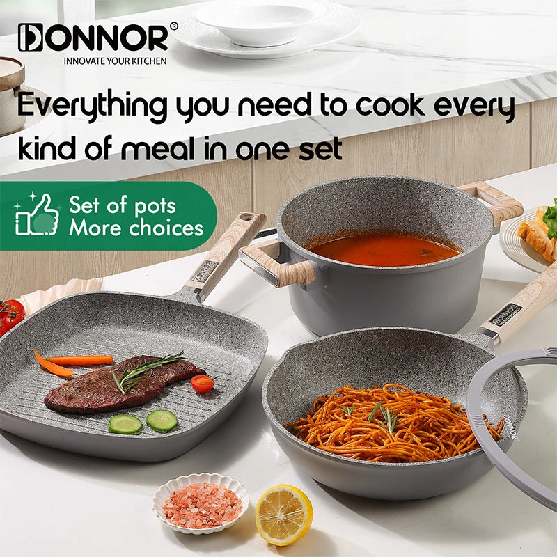 DONNOR 13Psc Set di pentole e padelle Set di pentole antiaderenti Pentole a induzione in granito Set da cucina antiaderente con padelle JT447