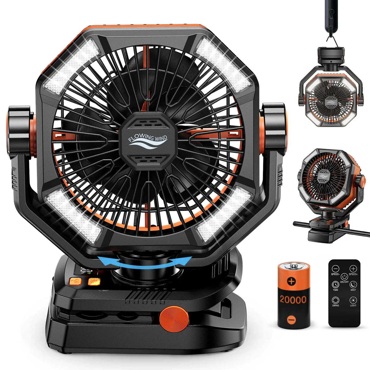 Ventilatore da campeggio con batteria da 20000 mAh con lanterna a 4 LED Ventilatore da tavolo a 8 velocità Ventilatore da esterno portatile per tenda da campeggio all'aperto e pesca