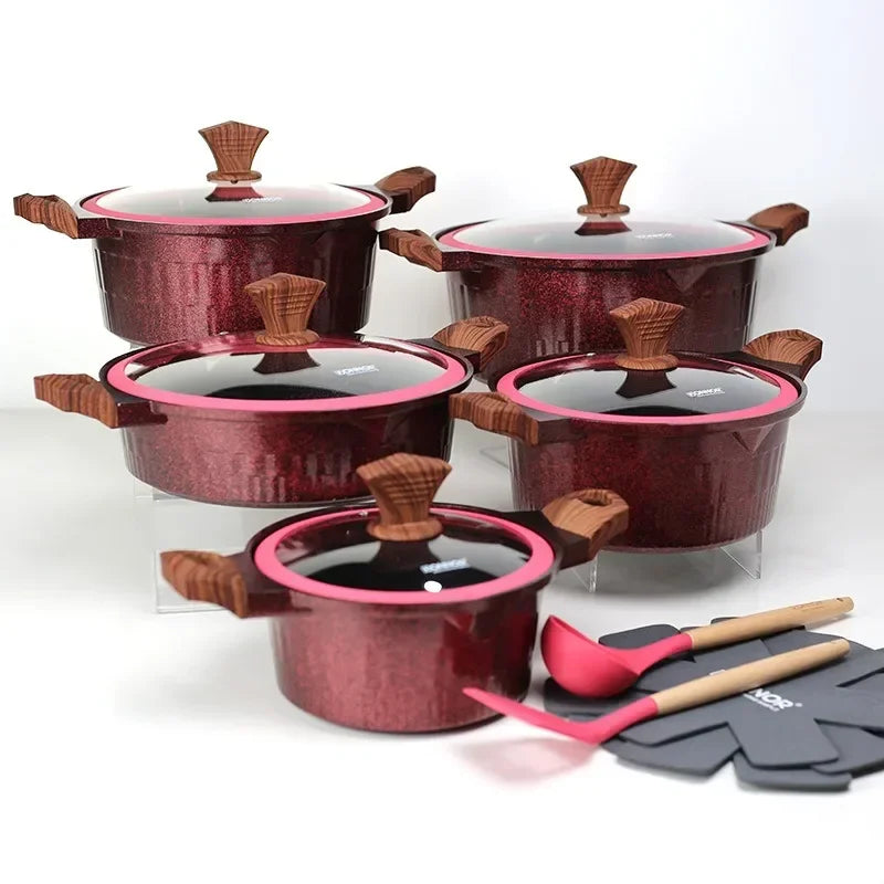 DONNOR Set di Pentole 6/15 Pezzi Pentola per Zuppa Antiaderente Pentola per Stufato con Coperchio in Vetro Pentole per Cappotto Sano in Granito per Stufe da Cucina Universali