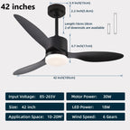 Ventilatore da Soffitto a Risparmio Energetico da 42-52 Pollici con Luce e Telecomando Ventilatore Elettrico Reversibile a 3 Pale, Ventilatore da Soffitto a Basso Profilo per Caffetteria, Casa, Hotel, Ufficio, Bungalow