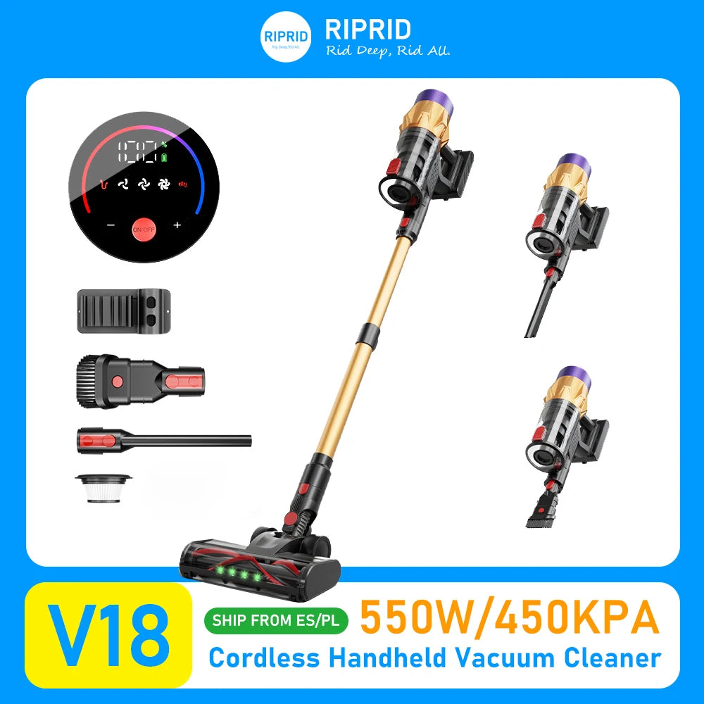 RIPRID V18 Kabelloser Handstaubsauger 550W Hochleistung 45KPA Starke Saugkraft 45000PA Effizientes Reinigungsset mit mehreren Aufsätzen