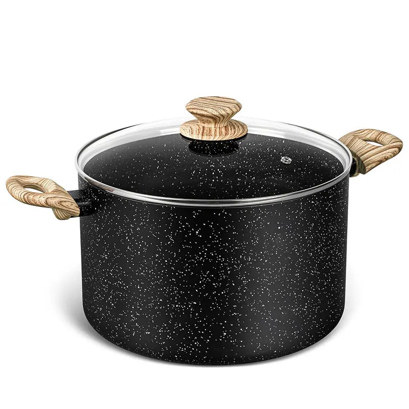 Pentola antiaderente Pentola per zuppa grande in granito da 5 litri Pentola per pasta con coperchio in vetro Pentole a induzione Pentole da cucina Nero