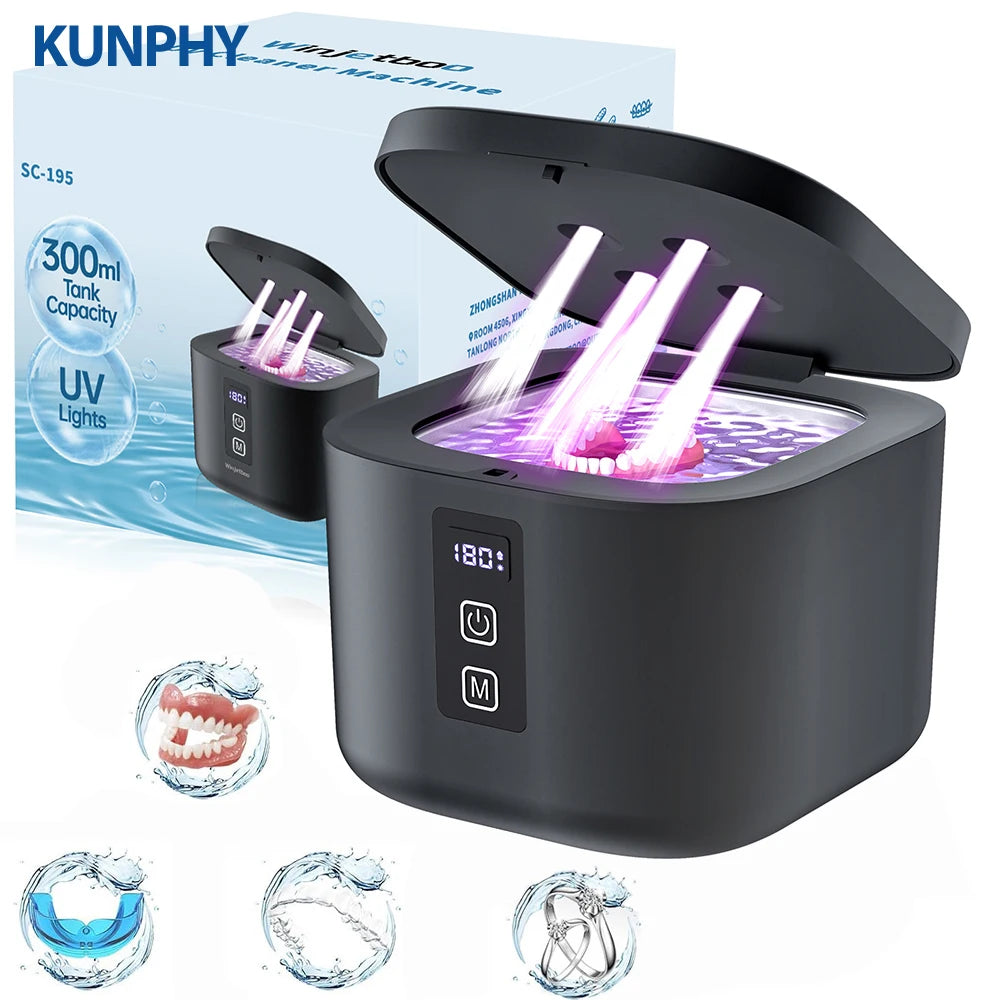 KUNPHY Ultraschallreiniger Schmuckreinigungsset UV-Licht-Sterilisations-Sonic 48kHz für Uhren, Kontaktlinsen, Brillen, Zahnersatz, Zähne