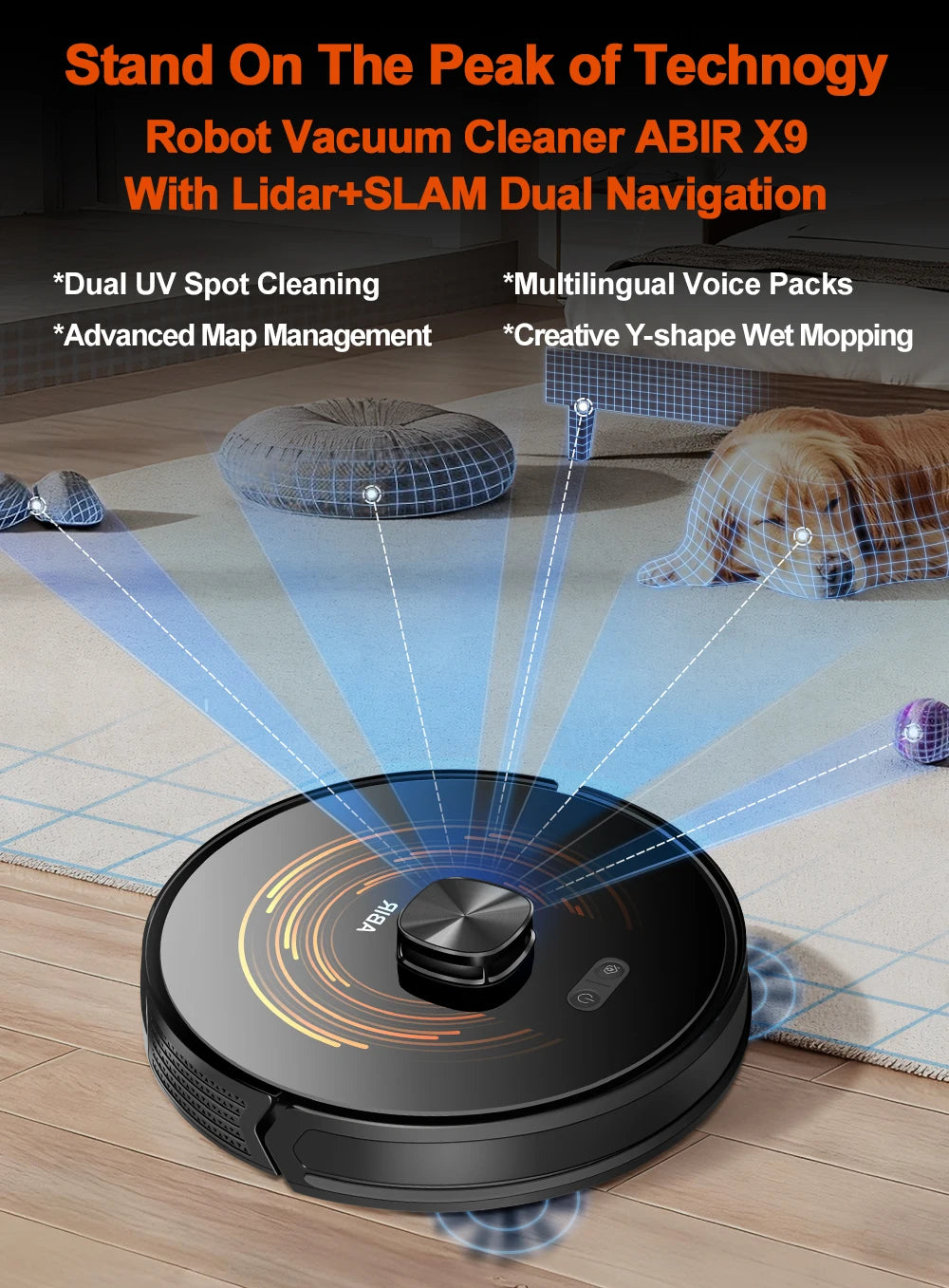 (Codice promozionale: GCC800)Aspiratore Robot ABIR X9, Navigazione Laser, Aspirazione 6500Pa, Mappa Multi-piano, Doppia Lampada UV, Controllo Zone Intelligente, Tecnologia Auto Carpet Boost, Versione di Fascia Alta