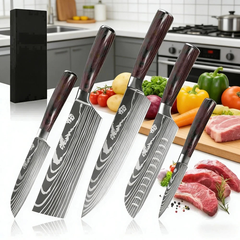 5-teiliges Küchenmesserset mit lasergeätztem Damastmuster, 7Cr17-Stahl, scharf, rostbeständig, Holzgriff, Geschenkbox mit Befestigungsgurt