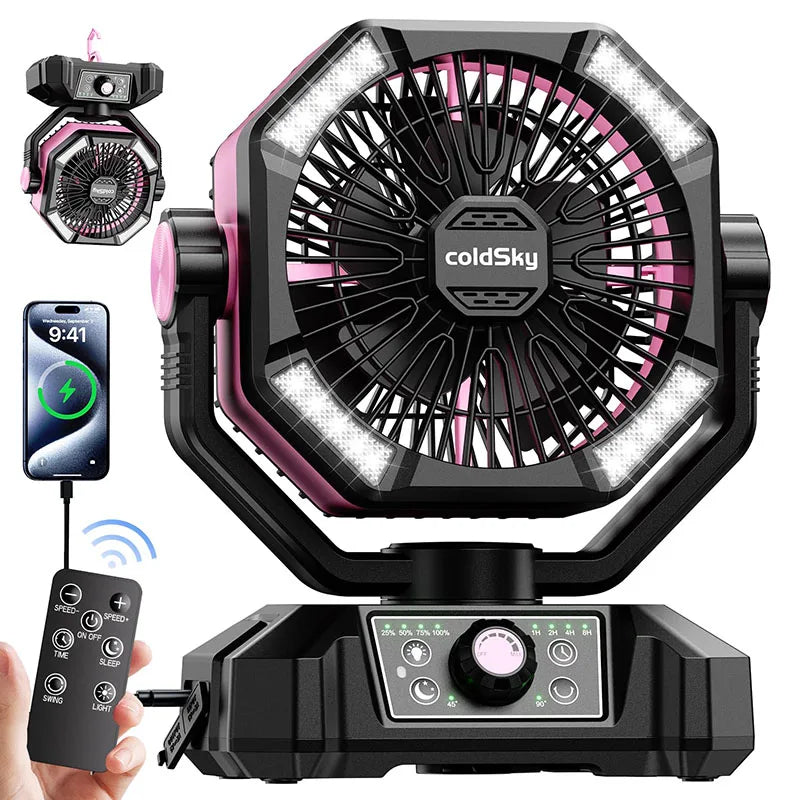 Ventilatore da campeggio con batteria da 20000 mAh con lanterna a 4 LED Ventilatore da tavolo a 8 velocità Ventilatore da esterno portatile per tenda da campeggio all'aperto e pesca