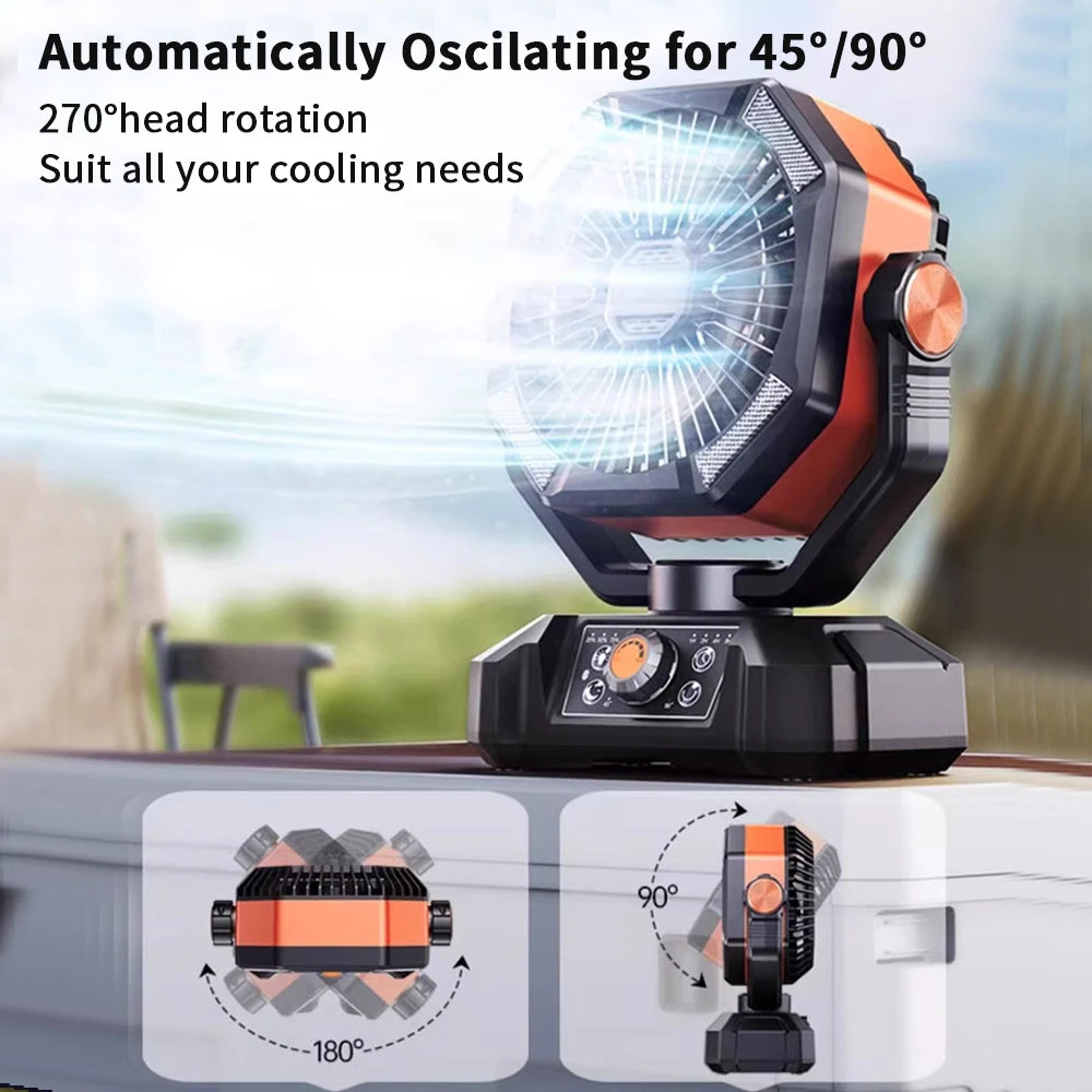 Ventilatore da campeggio con batteria da 20000 mAh con lanterna a 4 LED Ventilatore da tavolo a 8 velocità Ventilatore da esterno portatile per tenda da campeggio all'aperto e pesca