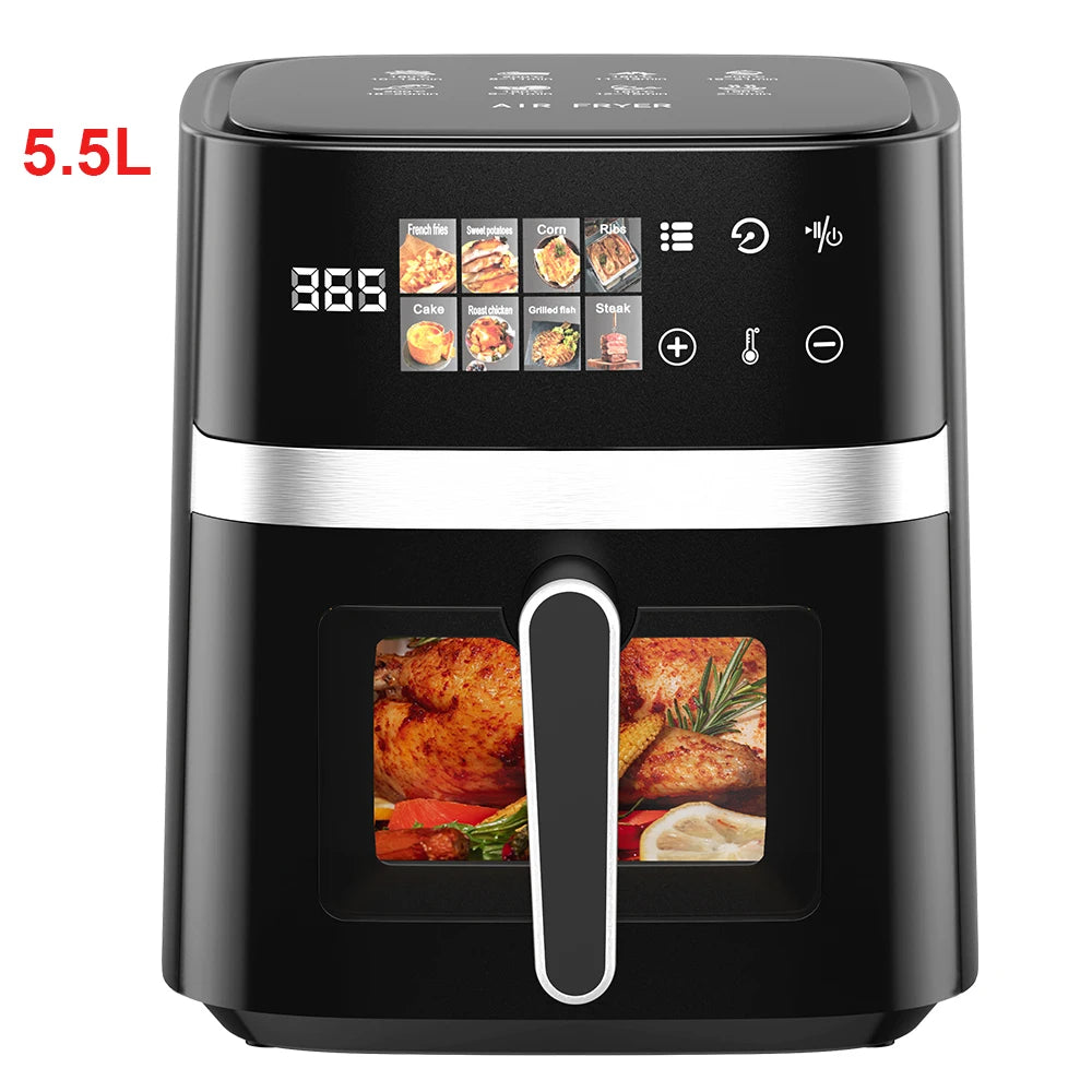 Patbrela Friggitrice ad Aria 5,5L 8-in-1 Forno Elettrico con Schermo LED Digitale e Finestra Visibile, 1350W, Nero