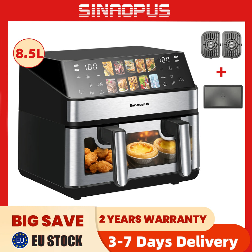 Friggitrice ad Aria Calda 8,5 L 2000 W, LED Touch, Finestra Trasparente, Funzione Forno, 10 Programmi, Senza Olio, per Famiglie