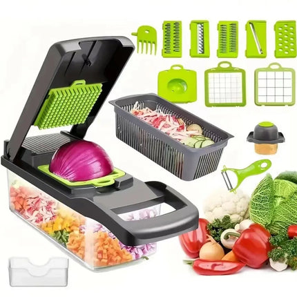 Tritaverdure multifunzione 22 in 1, mandolina, affettatrice, tritatutto per cipolle, grattugia per alimenti con cestello di scolo e contenitore, accessori da cucina
