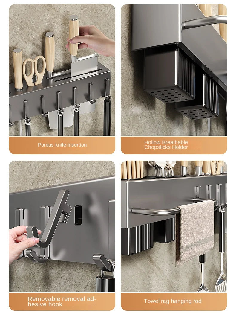 Mensola da cucina senza attrezzi, accessori da cucina, tubo per bacchette multifunzionale a parete, deposito per coltelli e attrezzi