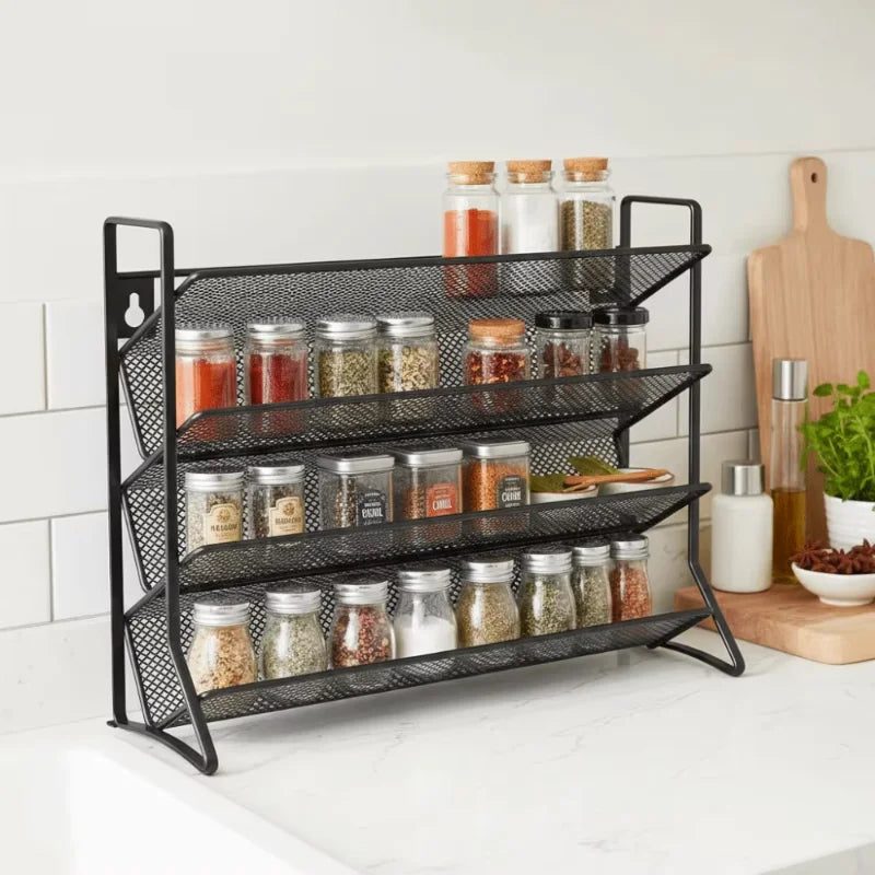 Organizzatore a 4 Ripiani per Spezie e Condimenti in Acciaio al Carbonio, Mensola da Parete Antiscivolo per Cucina e Dispensa