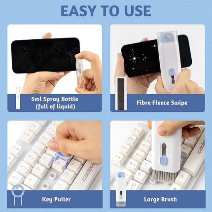 Kit 7 in 1: spazzola per la pulizia della tastiera del computer, penna per la pulizia degli auricolari, strumenti per la pulizia della tastiera, kit estrattore di copritasti, detergente