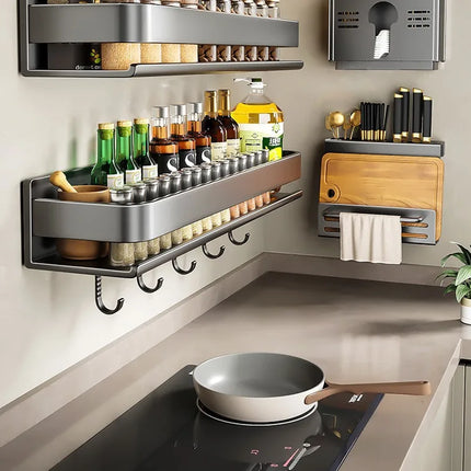 Luxury Light Kitchen Storage Rack, Carbon Steel Spice Rack, No Drilling Wall Mounted Home Wall Shelf Organizer