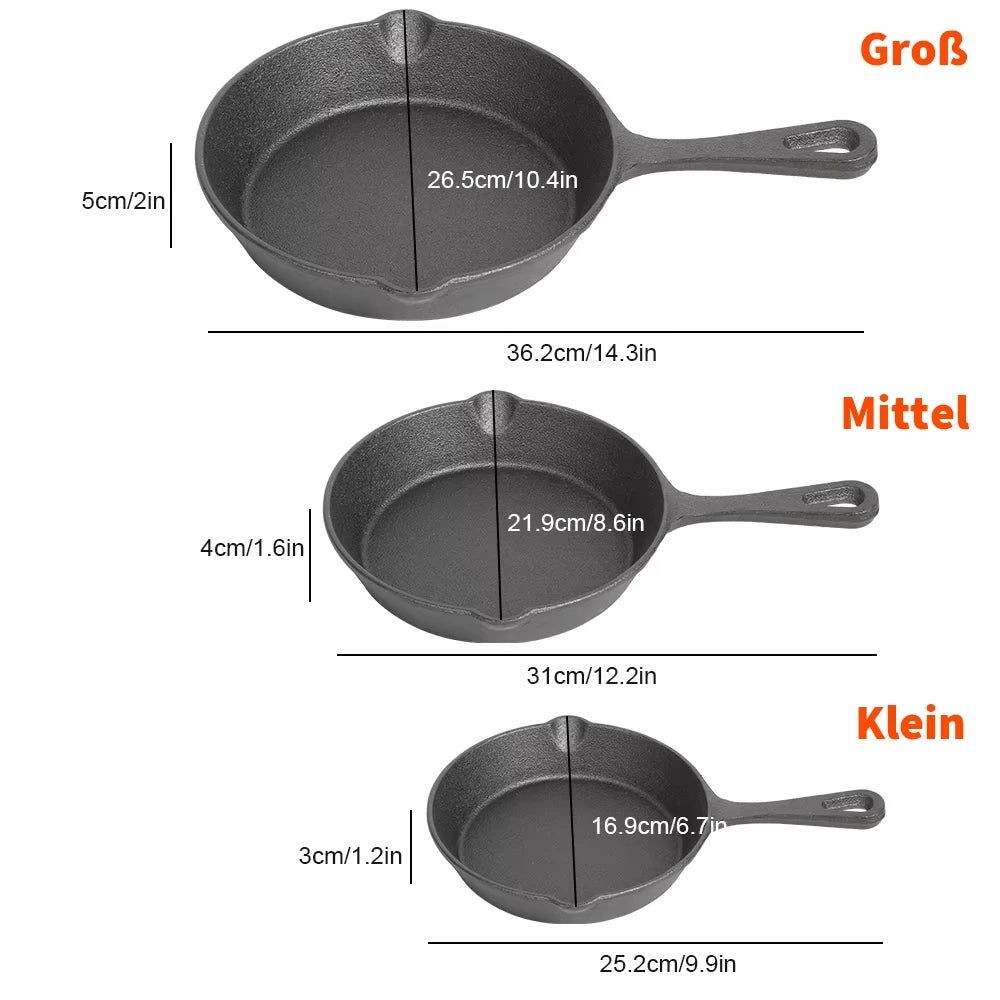 Padella da 3 pezzi in ghisa nera non rivestita per friggere alimenti, cucinare e friggere padelle antiaderenti padella per frittata