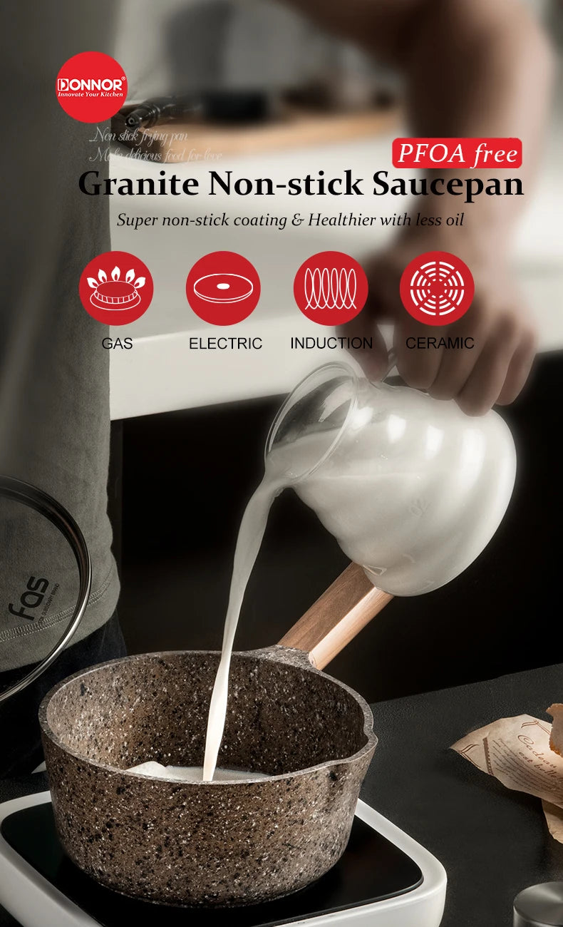 DONNOR Pentola per Latte Antiaderente in Granito da 16cm/6.3 Pollici, Senza PFOA, a Basso Contenuto di Fumo, Compatibile con Piani a Induzione e Gas, Facile da Pulire, Piccola Casseruola