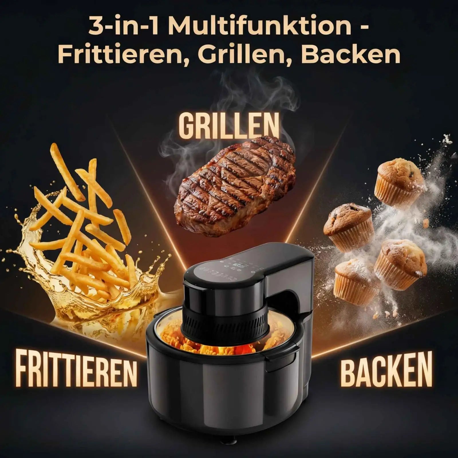 5-Liter-Heißluftfritteuse mit Sichtfenster und LED, 1200 W, 8 Programme, 80-200 °C, Multifunktion zum Frittieren, Grillen und Backen.