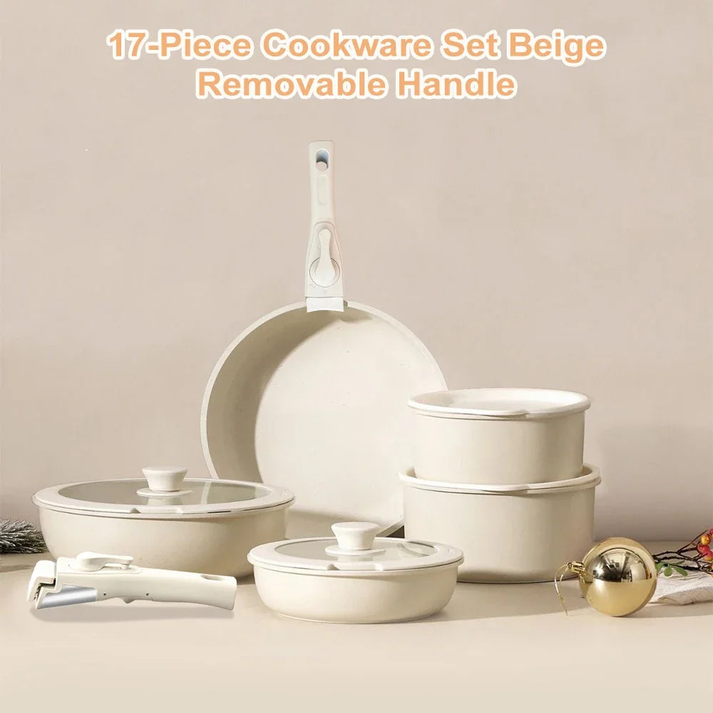 MDHAND 17 pezzi Set di pentole e padelle beige Set di pentole antiaderenti Manico rimovibile con padelle e padelle Set di pentole da cucina