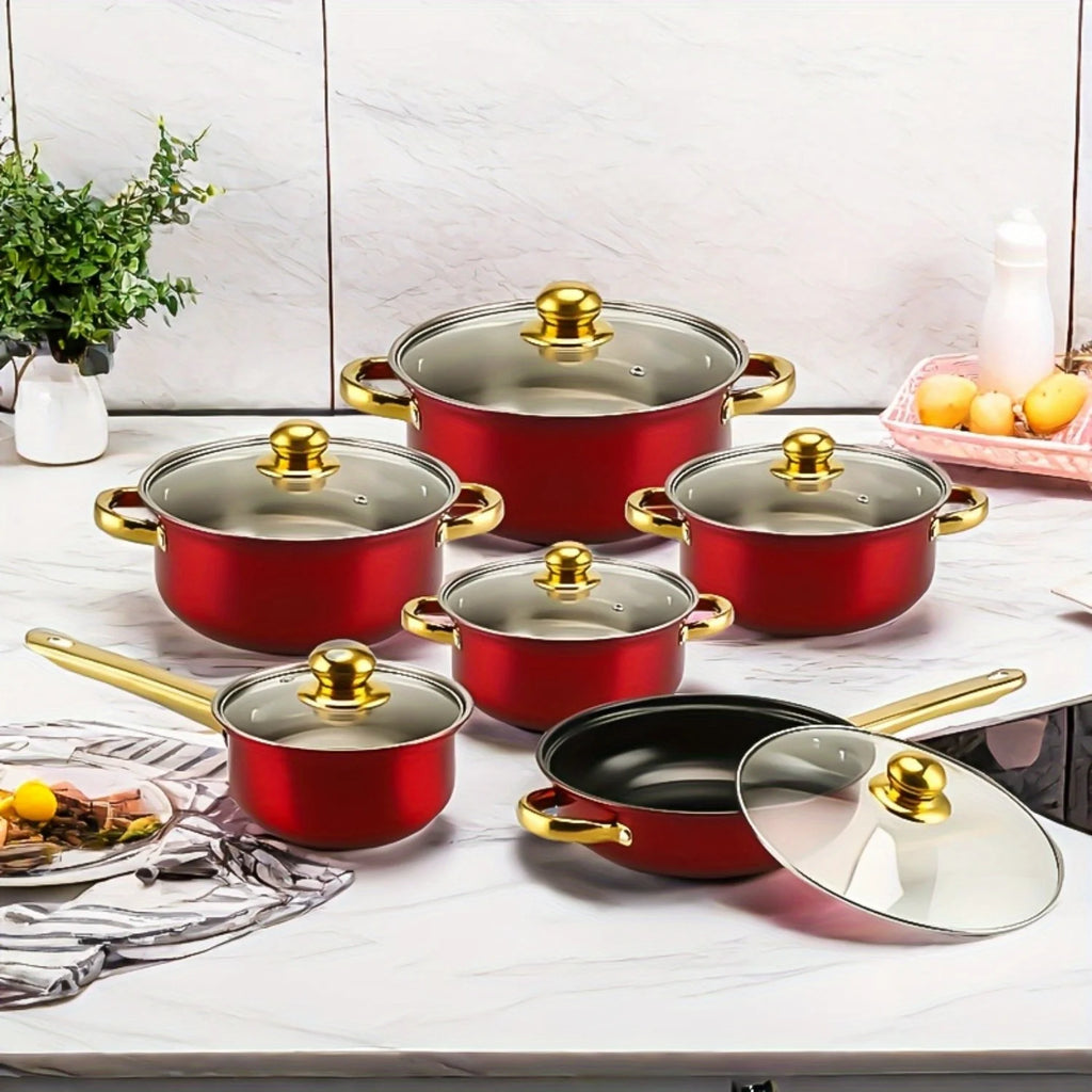 12-teiliges Kochgeschirr-Set aus Edelstahl, mehrfarbige Antihaftpfannen, Töpfe, Bratpfannen, Pfannen mit Deckel, vielseitig, elegant und langlebig