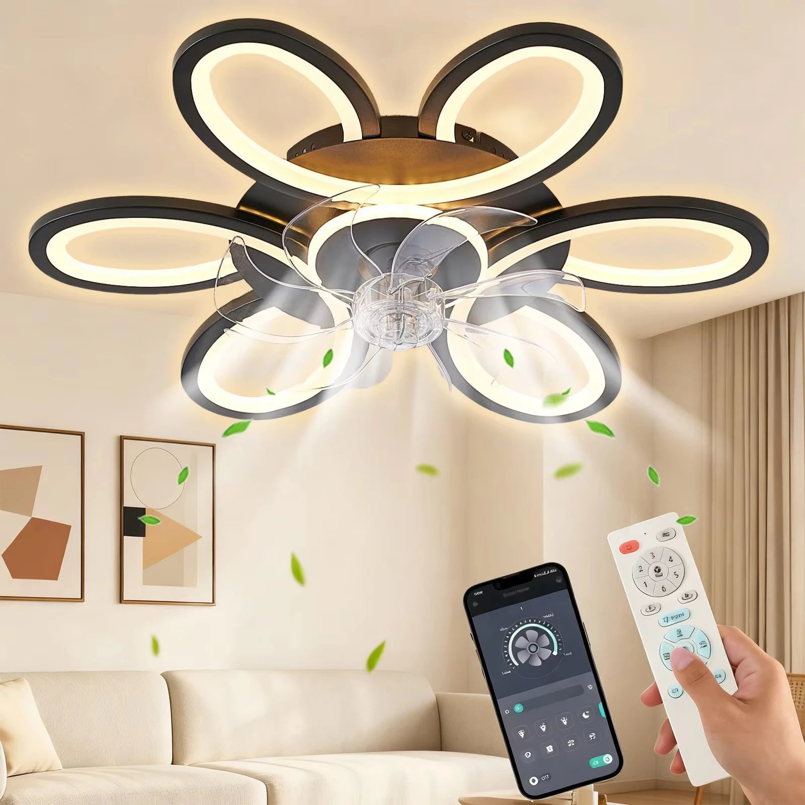 Ventilatore da soffitto moderno con luce, telecomando e controllo tramite app intelligente, ventilatore da soffitto a incasso ultra sottile da 25 pollici con luce LED dimmerabile, adatto per camere da letto, soggiorni e altri