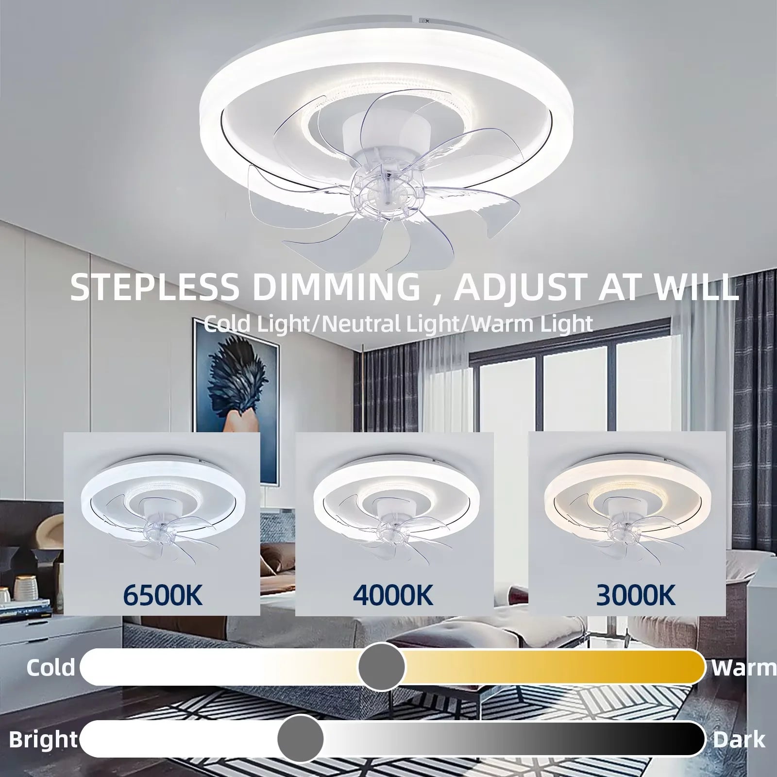 360 °   Ventilatore da Soffitto Rotante con Luce 220V, Dimmerabile Intelligente, 6 Velocità, Ventilatore Elettrico Decorativo per Casa, Camera da Letto, Balcone