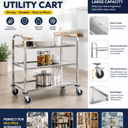 3-Tier Kitchen Cart, 96.5x55x90 cm, Stainless Steel Material, Solid and Stable Frame, Large Storage Capacity, Smooth-Rolling Wheels, Space-Saving, Easy to Assemble, for Home Use, Restaurants, Hotels