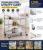 Carrello da Cucina a 3 Ripiani, 96,5x55x90 Cm, Materiale in Acciaio Inossidabile, Telaio Solido e Stabile, Grande Capacità di Stoccaggio, Ruote Scorrevoli, Salvaspazio, Facile da Montare, per Uso Domestico, Ristoranti, Hotel