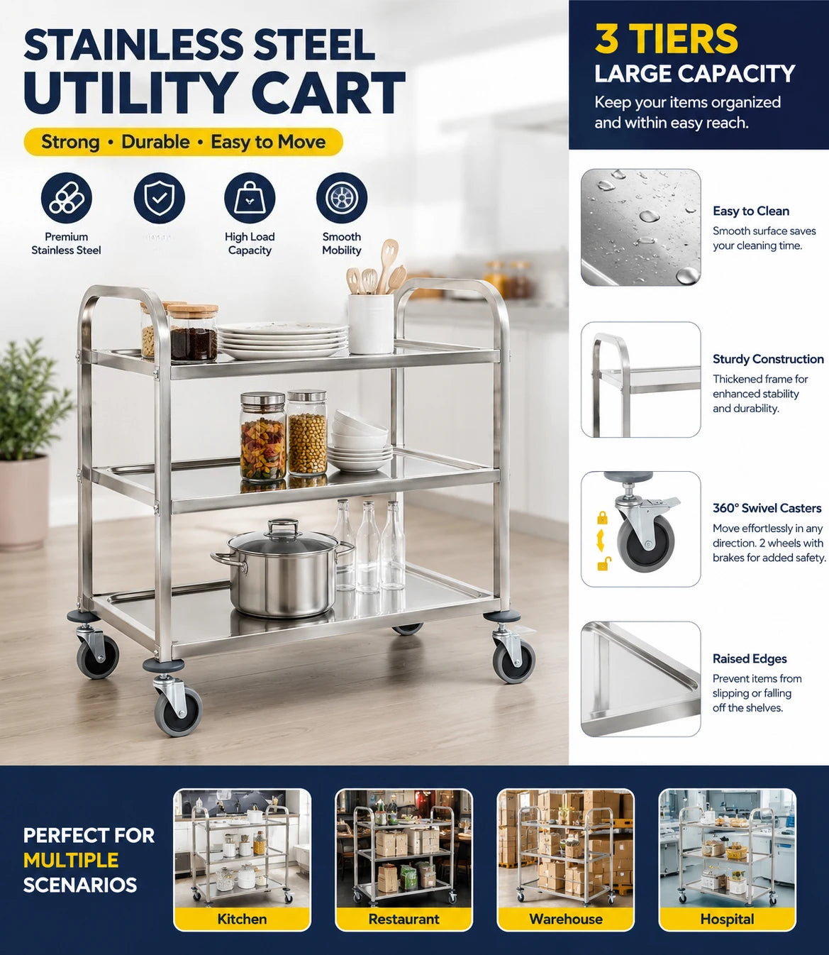 Carrello da Cucina a 3 Ripiani, 96,5x55x90 Cm, Materiale in Acciaio Inossidabile, Telaio Solido e Stabile, Grande Capacità di Stoccaggio, Ruote Scorrevoli, Salvaspazio, Facile da Montare, per Uso Domestico, Ristoranti, Hotel