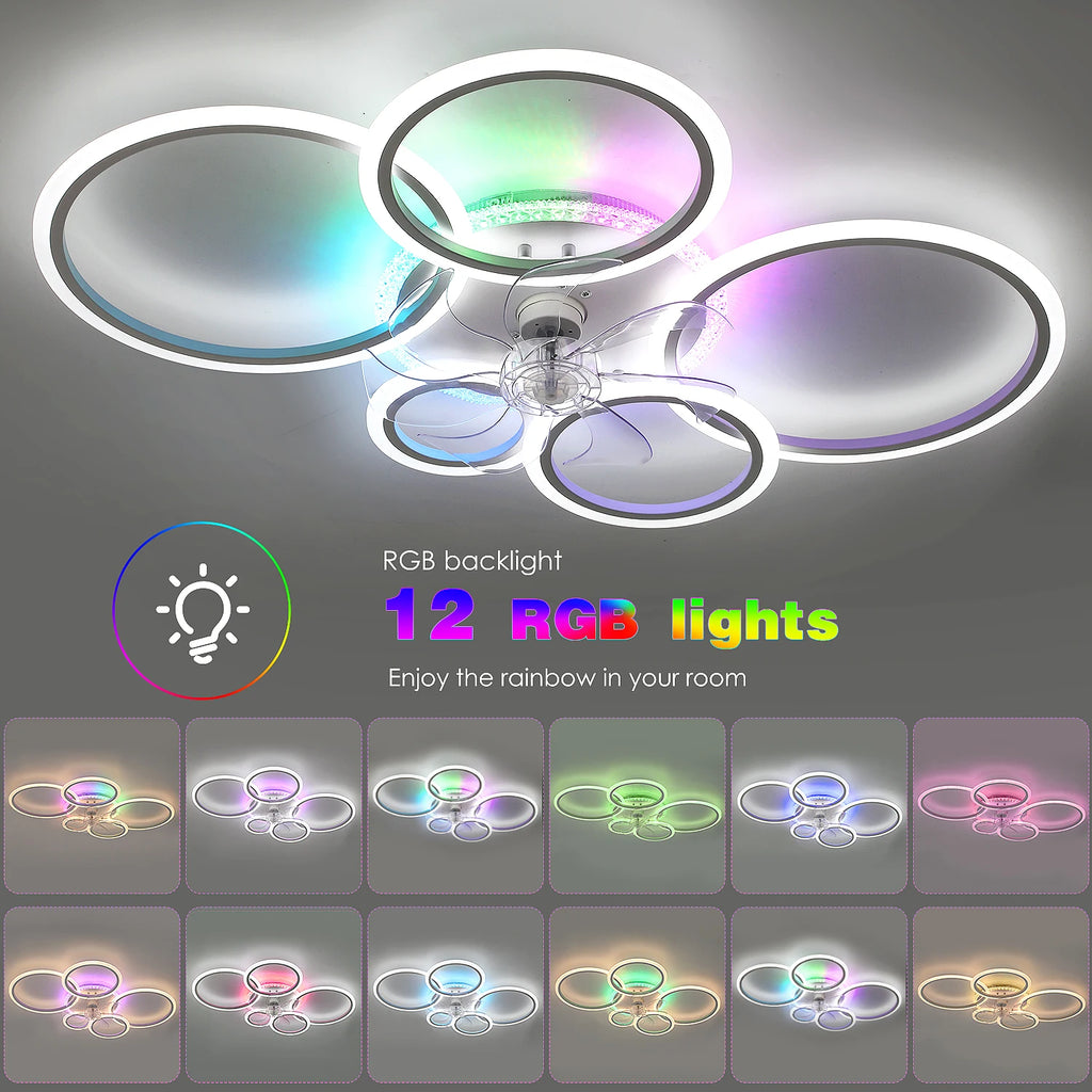 Ventilatore da soffitto a LED RGB con telecomando, lampada da soffitto con illuminazione RGB, plafoniera da 96 cm per camera da letto, soggiorno, ventilatore silenzioso