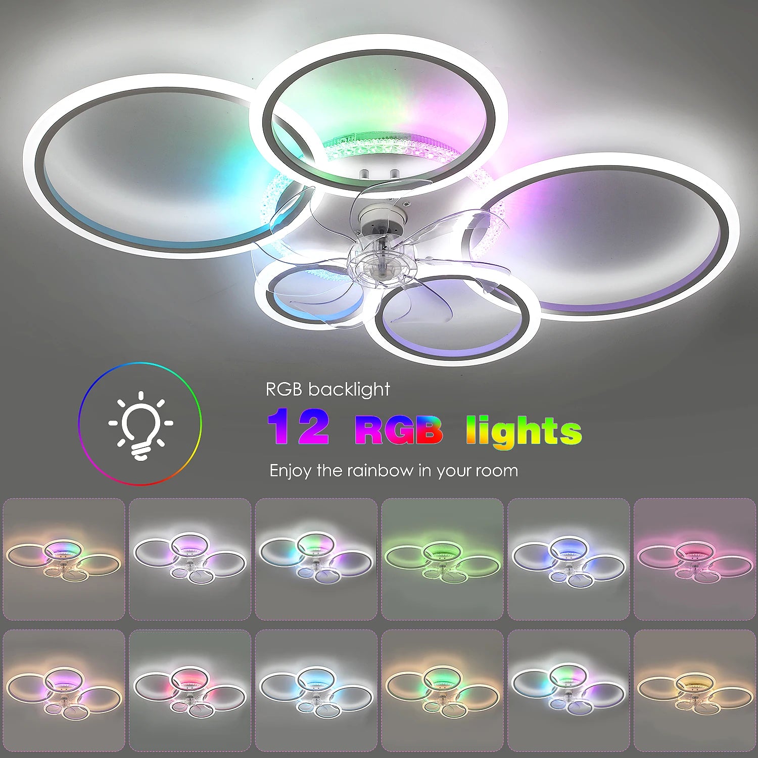 Ventilatore da soffitto a LED RGB con telecomando, lampada da soffitto con illuminazione RGB, plafoniera da 96 cm per camera da letto, soggiorno, ventilatore silenzioso