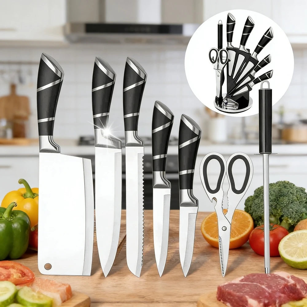 9-teiliges schwarzes Küchenmesserset mit hohlem Edelstahlgriff, scharf, langlebig, rostfrei, mit Messerblock, ideal für Zuhause oder als Geschenk.