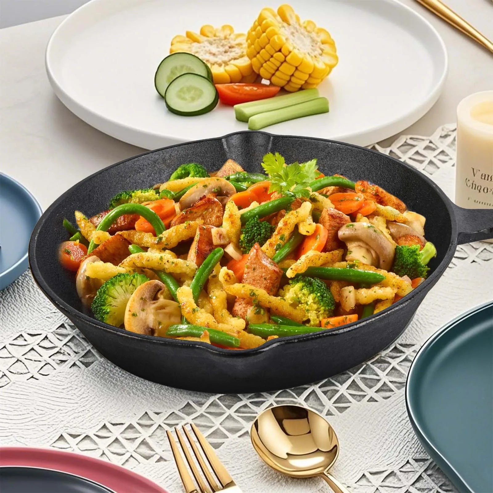 Set di 4 Padelle in Ghisa Non Rivestite Antiaderenti, Utensili da Cucina Universali per Casa, BBQ all'Aperto, Cottura e Frittura