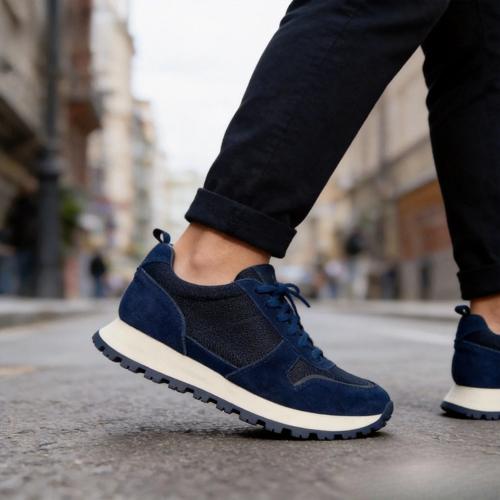 Herren-Freizeitschuhe aus Wildleder und Mesh, Navy-Blau, atmungsaktive Sneaker mit Schnürsenkeln, bequeme Schuhe mit dicker Sohle für den täglichen Gebrauch